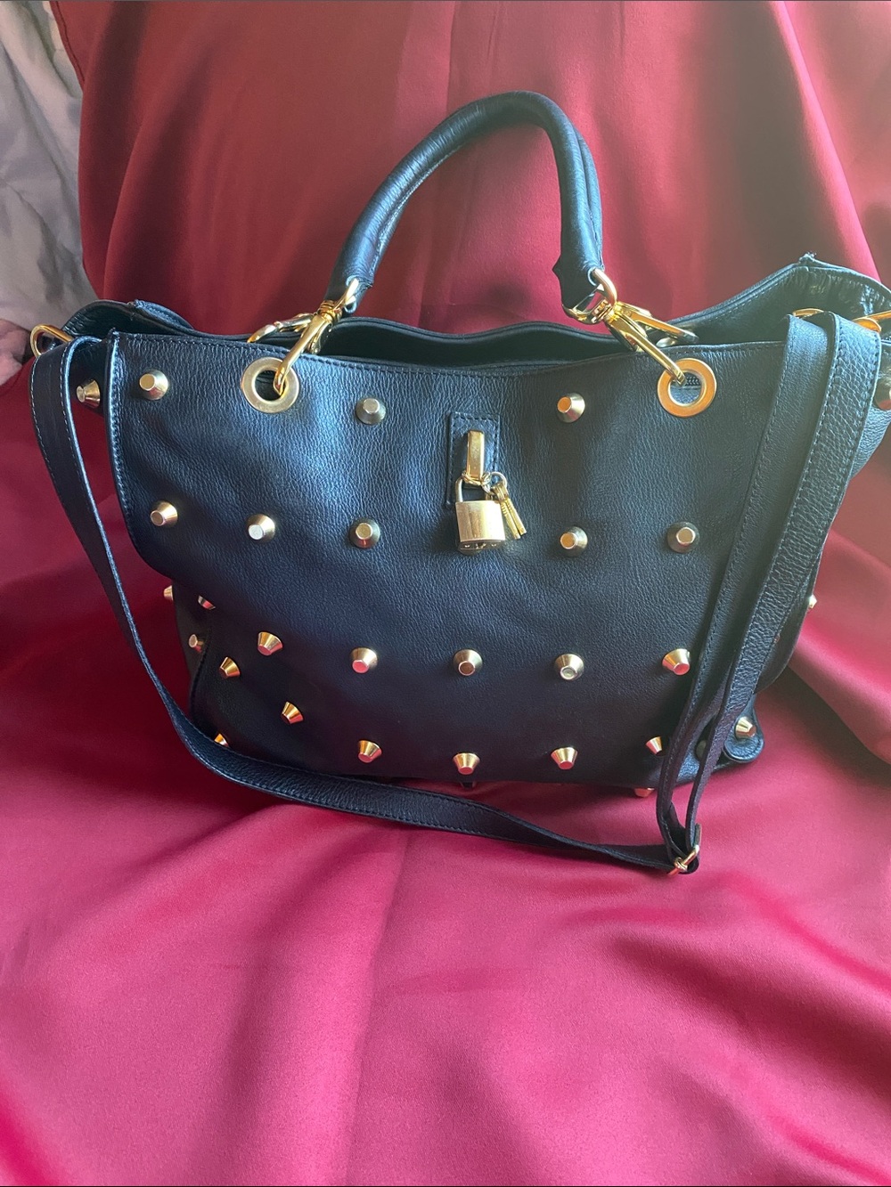 Pop Corn Leather Stud-Embellished Black Shoulder Bag with Gold Hardware